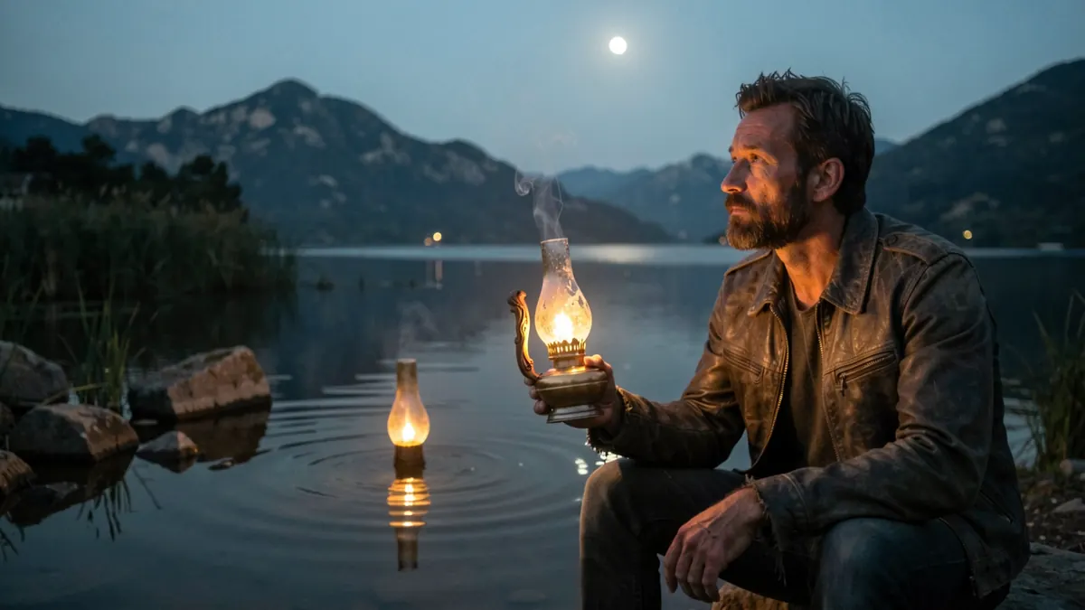 Traveller holding a lantern at a misty mountain lake